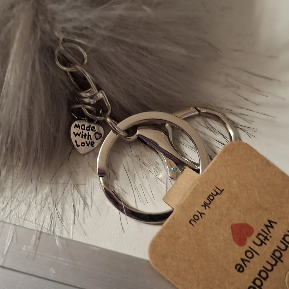 Keyring bag charm Handmade Fuzzy silver gray